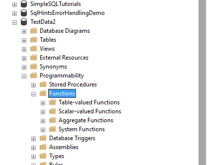 finding user defined functions in object explorer