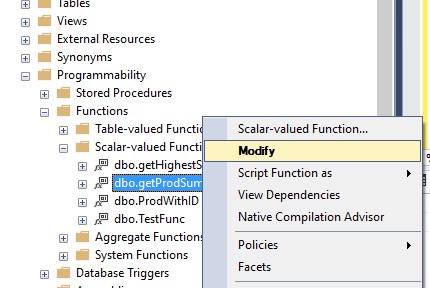 modifying user defined function in object explorer