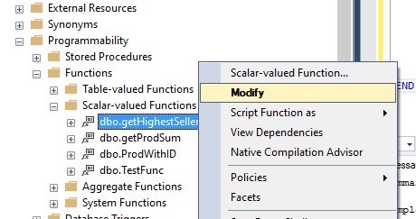 modify scalar valued function in object explorer