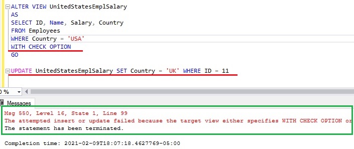 SQL Server View with check option proper error message