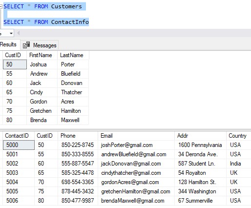 sql server stored procedure customers and contactinfo tables