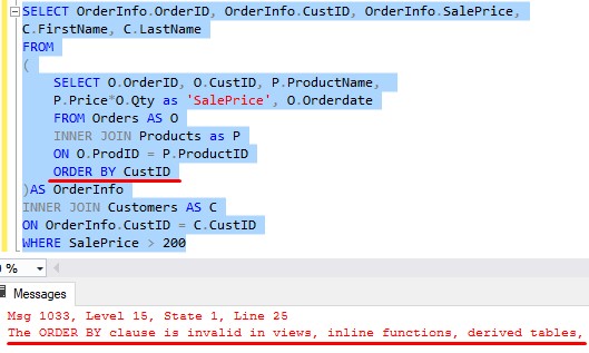 derived table cannot have order by clause in inner select
