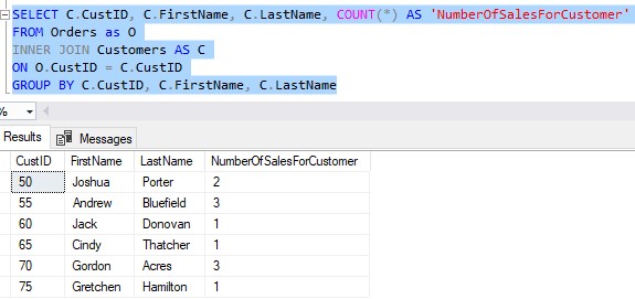 derived table number of sales per customer