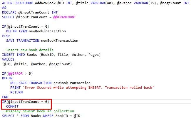rollback in stored procedure commit in IF block