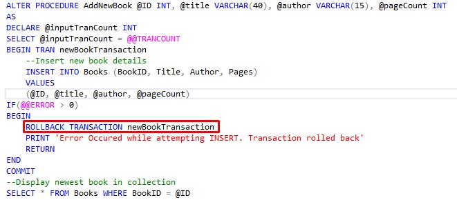 rollback transaction in stored procedure rollback named