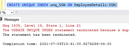 sql server unique index error message