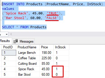SQL Server Boolean literal true false