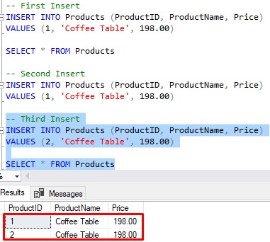 sql server primary key results after third insert