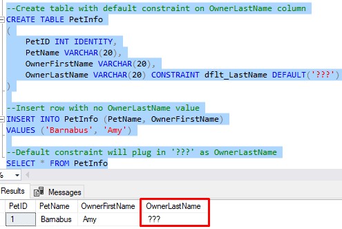 default constraint in table definition