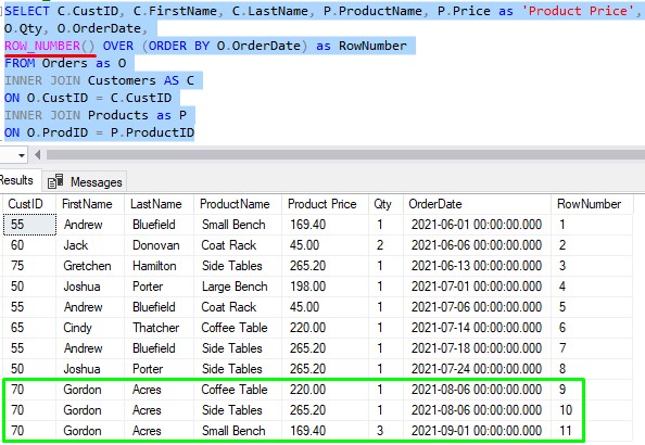 SQL Server ranking window function gordon acres