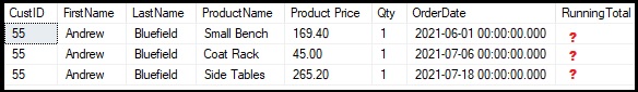 window frame empty running total