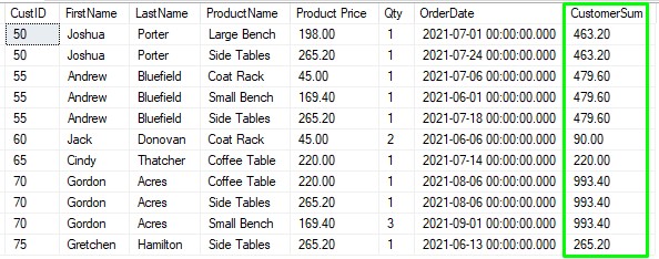 window function details and aggregate info result set