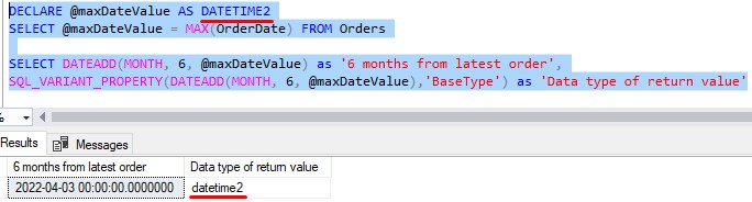 sql server dateadd datetime2 data type