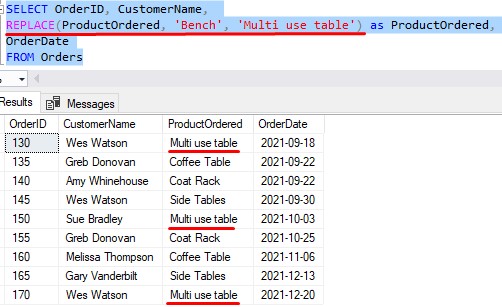 sql server REPLACE in query