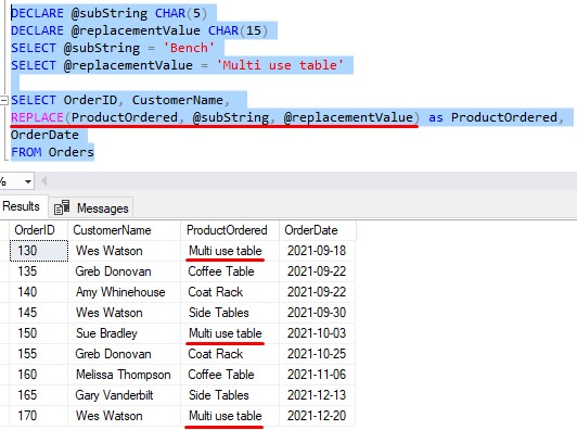 sql server REPLACE using variables