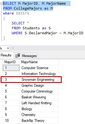 SQL SERVER EXISTS third outer row