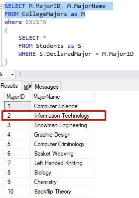 sql server exists outer query row 2