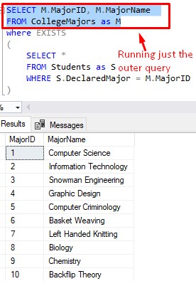 sql server exists running only the outer query