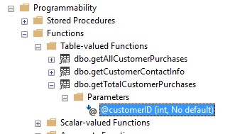 inline table valued function parameters object explorer