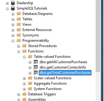 inline table valued functions object explorer