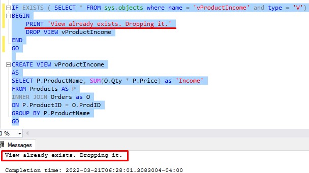 sql if exists view already exists dropping it 2