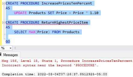 sql server GO two procedures in the same batch