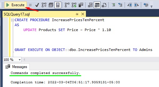 sql server go create procedure and run execute