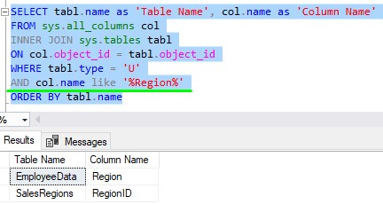 sql server find column name region columns