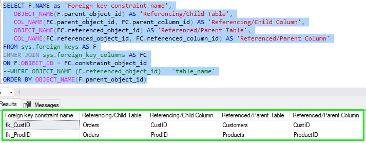 sql server find foreign key references running our query