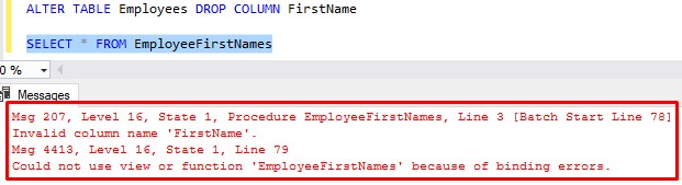 sql server drop column cannot execute View now