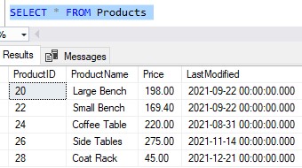 sql server triggers current data in Products table