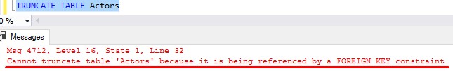 SQL Server truncate table cannot truncate referenced table