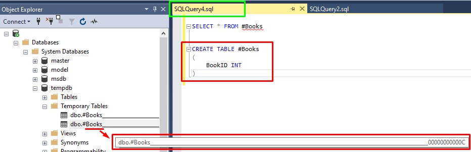 sql server temp table new instance of Books