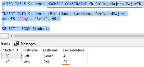 SQL Server disable foreign key constraint in action