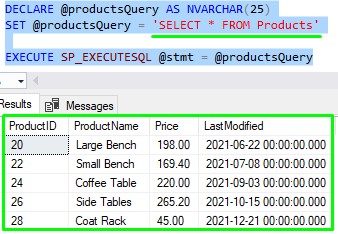 dynamic sql against products table 2