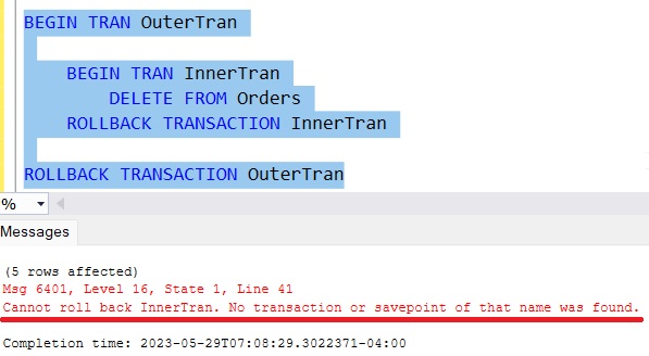 SQL Server nested transactions error message 2