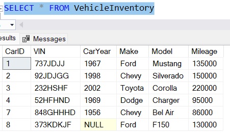 SQL Server ternary operator VehicleInventory table 1