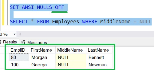 SQL Server ANSI_NULLS OFF