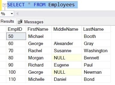 SQL Server ISNULL Employees table