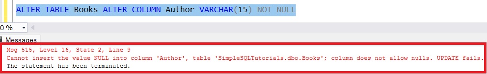 SQL Server modify column to NOT NULL error message