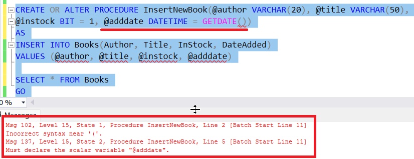 default parameter in stored procedure error message 2